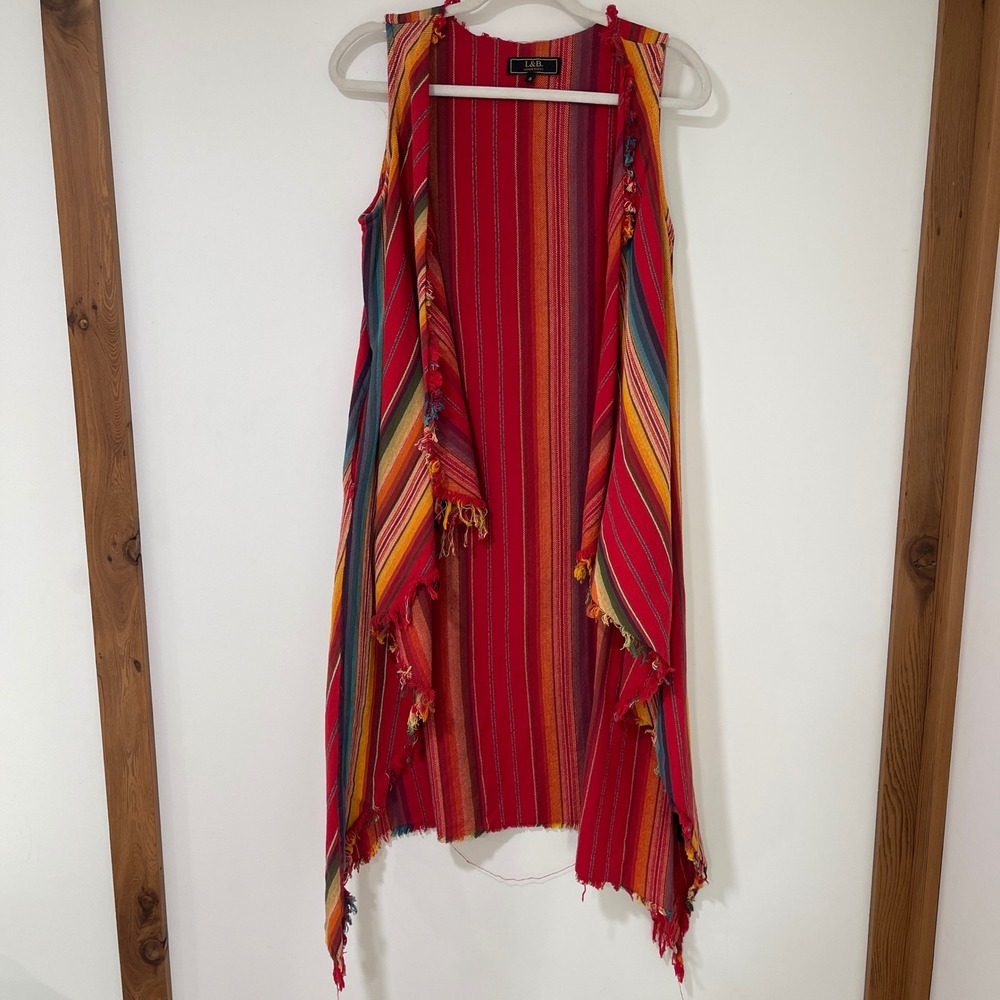 L&B Lucky & Blessed Serape Stripe Vest Women S Red Cotton Fringe Duster Western